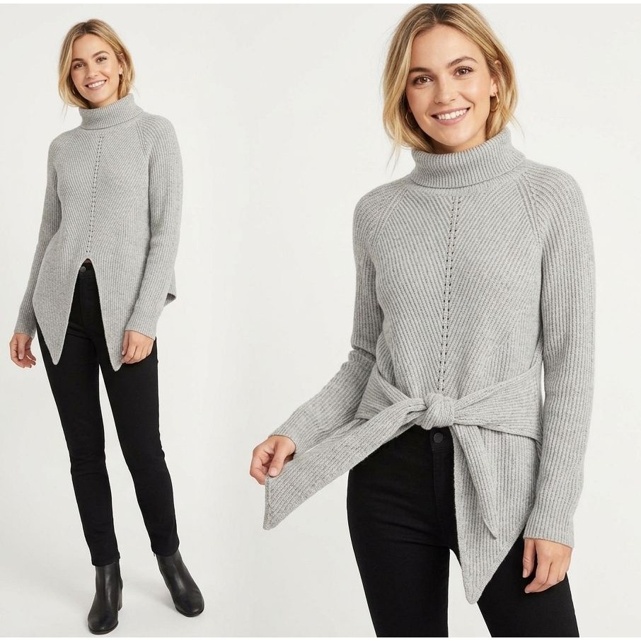 Moth Anthropologie Cashmere Blend Ribbed Turtleneck Sweater Gray M Tie Front Euc